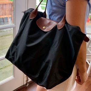 Black Longchamp Le Pliage tote 12”x 19”